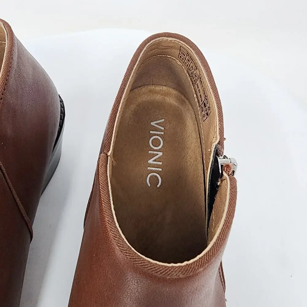 Vionic Jolene Bootie Women 6.5 Brown Leather Burnished Toe Side Zip Boots VS350